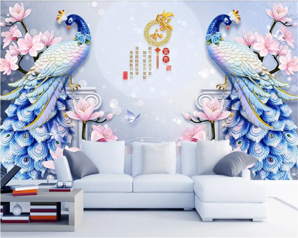 beibehang Custom silk cloth wall paper hand-painted 3D embossed Peacock Magnolia TV background 3d wallpaper decorative painting