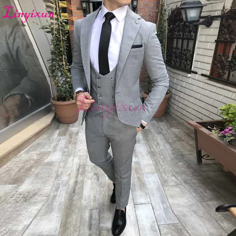 Linyixun новейший дизайн пальто брюки элегантные серые мужские костюмы двубортный жилет приталенный костюм для бизнеса Свадебный классический смокинг