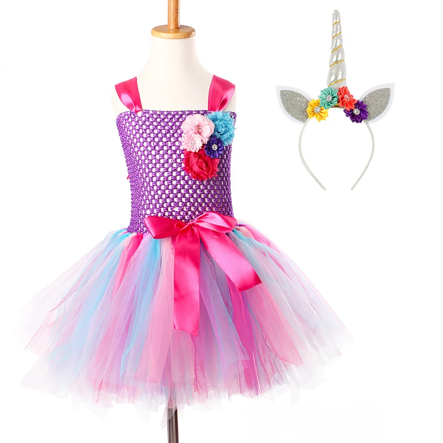 Girls Unicorn Halloween Tutu Dress with Head Hoop Kids Flowers fancy Dress (1)