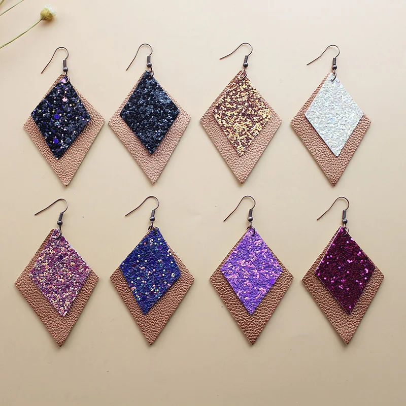 

Fashion 2 Layer Glitter Sequins Long Square PU Leather Earrings Double Rhombus Litchi Tassel Hook Earrings Gifts For Women