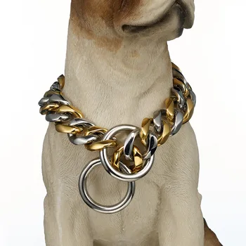 

New Gold Color Stainless Steel Big Dog Pet Collar Safety Chain Necklace Curb Cuba Dog Supplies Wholesale 12-32"
