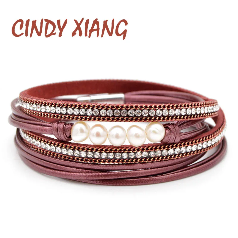 

CINDY XIANG 4 Colors Choose Freshwater Pearl Leather Bracelets For Women Fashion Long Twisted Summer Bangles Cuff Bracelet Gift