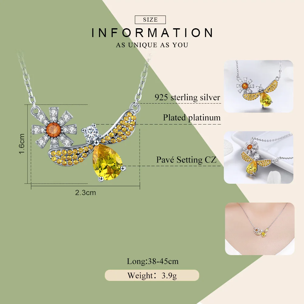 BAMOER, трендовая, 925 пробы, серебряная, модная Маргаритка с Пчелой, желтая CZ подвеска, ожерелья для женщин, Стерлинговое Серебро, ювелирное изделие SCN242