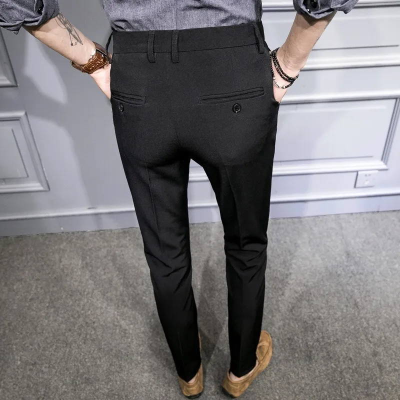 Винтаж однотонный костюм брюки офисные брюки черный темно-Slim Fit эластичный Pantalones Hombres Pantalon Para Hombre мужской костюм брюки
