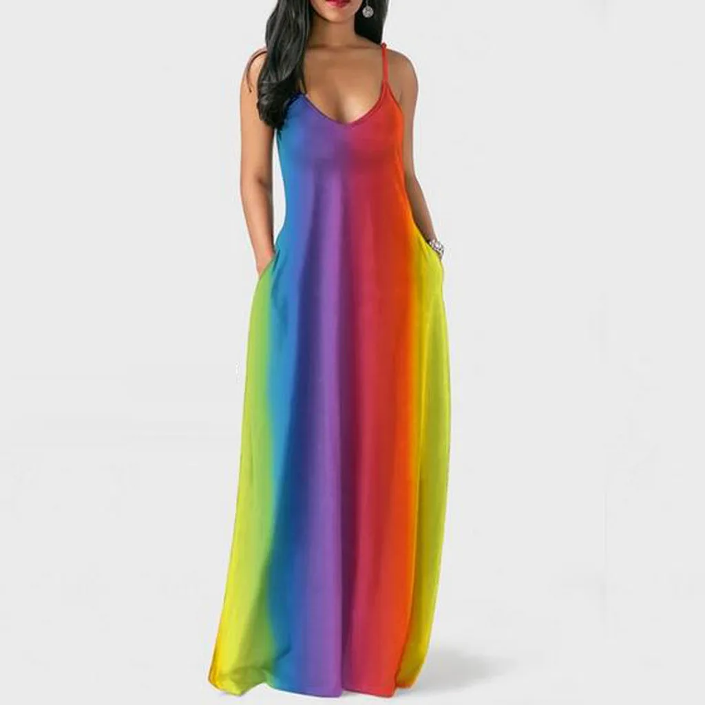 Torcticy Sexy Rainbow Striped Sleeveless Maxi Dress Long Off Shoulder Ladies Dresses Woman Party Night Dresses Vacation Dress F