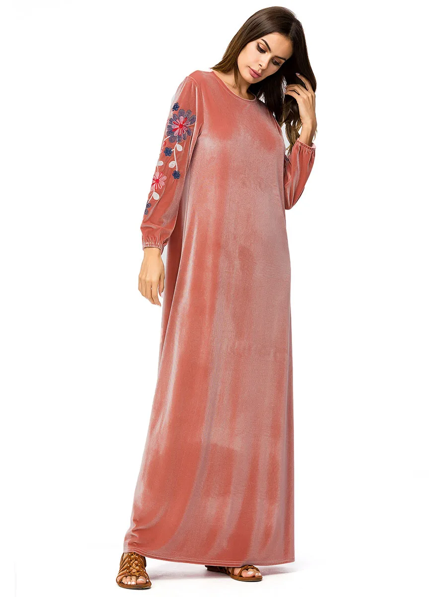 Мусульманское женское платье с длинным рукавом, бархатное, с вышивкой, Дубай, макси, abaya jalabiya, Исламская одежда для женщин, халат, кафтан, Марокканское, 7251