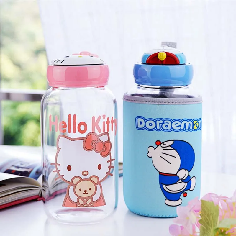 

600ml Cartoon Kitty Doraemon Glass Water Bottle with Cloth Protection Cover Tea Infuser Include Bottle for Water Liquid Glass