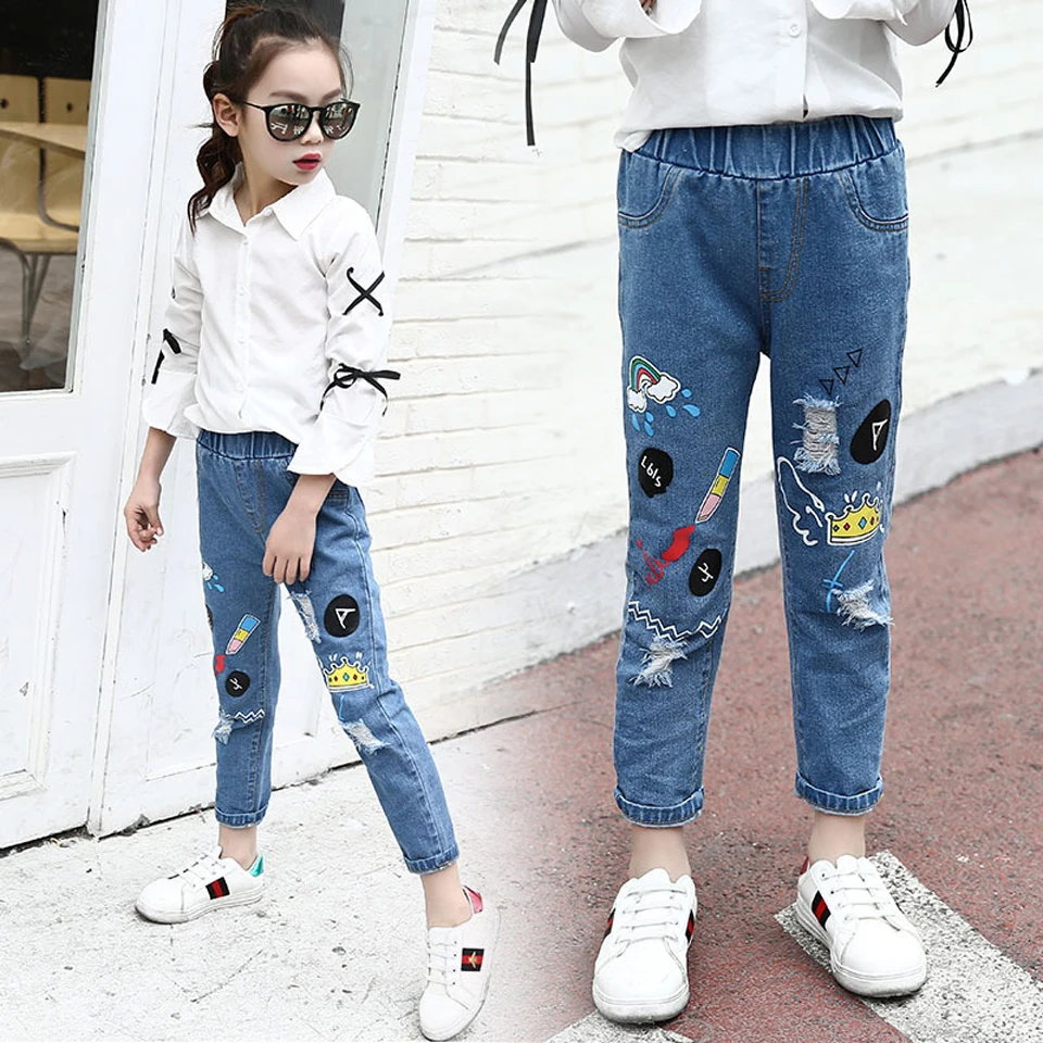 

Girls Size 14 Jeans Denim Trousers For Kids Children Hole Pants Girls Casual Wear Boy Ripped Elastic Waist Kids Clothing