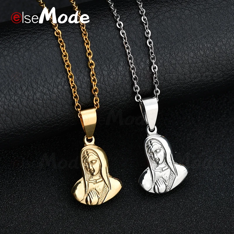 

ELSEMODE Tiny Blessed Virgin Mary Charms Pendant Necklaces for Women Gold 316L Stainless Steel Catholic Jewelry Birthday Gift
