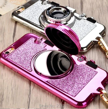 

C-ku For Iphone X XS 8 7 PLUS 6 6S IphoneX 3D Camera Electroplate Bling Soft TPU PC Case Glitter Stand Lanyard Skin Luxury 50pcs