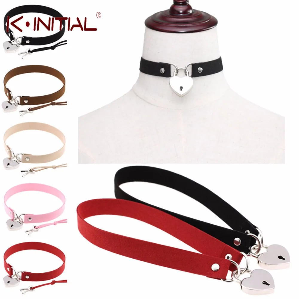 

Kinitial Gothic Punk Necklace Style Multi Color Heart with Lock Pendant PU Leather Choker Collar Chocker Necklace for Women Gift