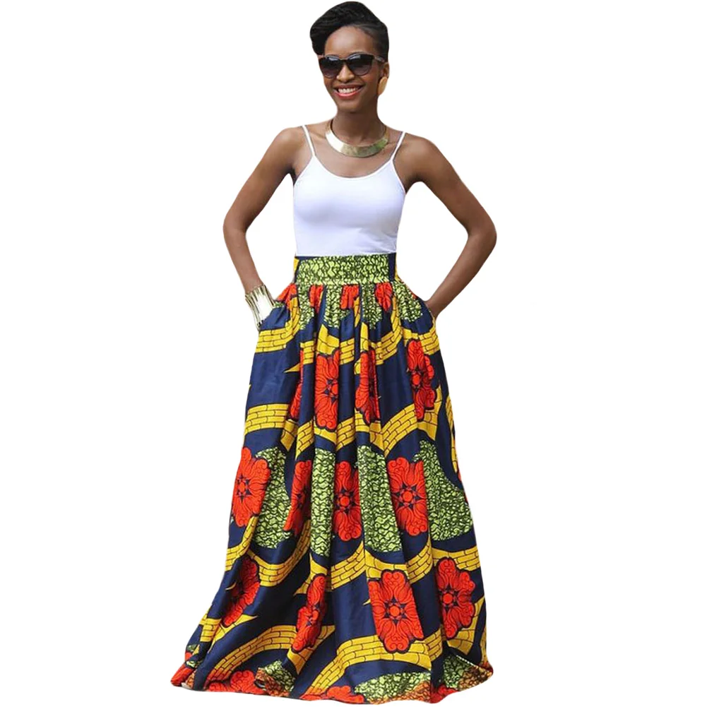 2017 Mode Femmes Africaines Imprimer Longue Jupe Ankara Dashiki Haute taille Une Ligne Maxi Longue Parapluie