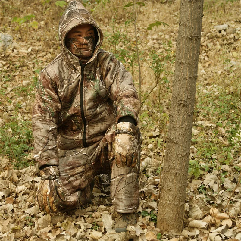 Winter Outdoor Warm Fleece Clothing real tree Bionic Camouflage Hooded
