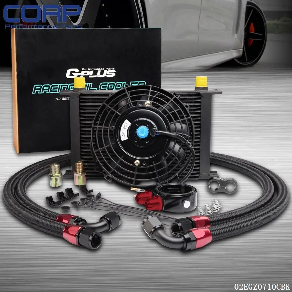 Universal 25 Row 10an Engine Transmission Oil Cooler Kit + 7" Electric