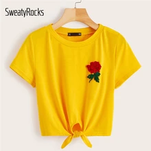 SweatyRocks, яркая желтая футболка с цветочным принтом и заплатками, уличная одежда с коротким рукавом, однотонная одежда, летние повседневные женские футболки