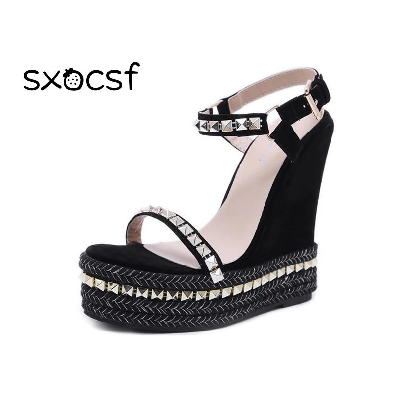 

Bohemian Women Sandals Fashion Balck Flock Rivet Platform Pumps Buckle Wedges Sandals For Female Shoes Flock High Heels