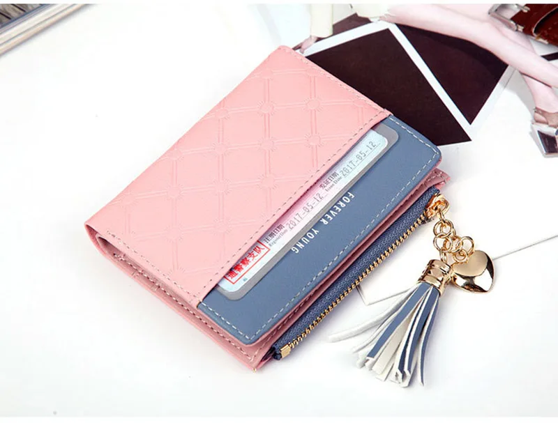 Women Wallet Female Short Paragraph Coin Purse Color Wallet Women Small Fold Wallets Tassel Zipper Button Bag Credit Card Holder (18)