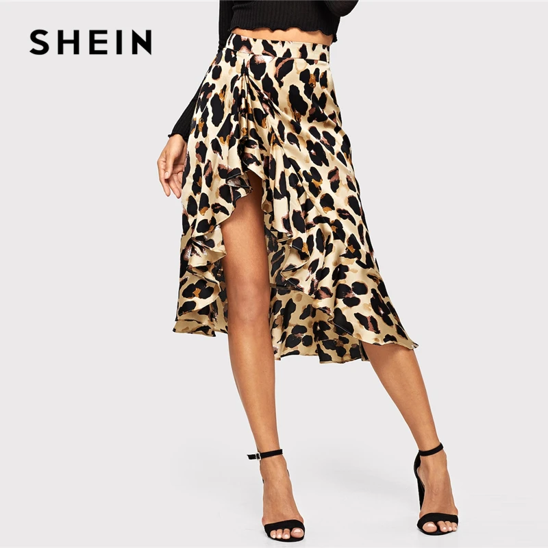 SHEIN Boho Сексуальная разноцветная юбка с рюшами и леопардовым принтом, асимметричная цельнокроеная Женская юбка, летняя повседневная юбка миди со средней талией