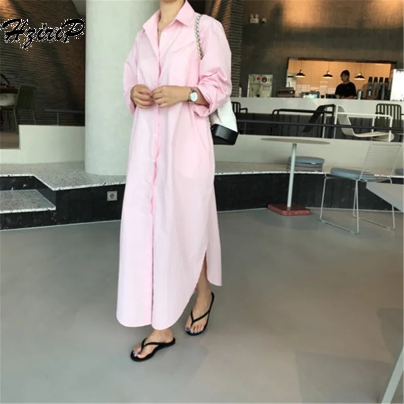 

HziriP Summer Dress Long Sleeve Solid Vintage Women Turn-down Collar Elegant Loose Ladies Party Long Dresses Robe Femme Vestidos