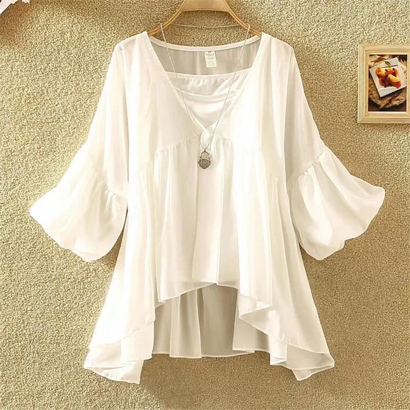 Women Floral Print Blouse Casual V-Neck Chiffon Blouses Lady Lantern Sleeve Ruffles Shirts irregular Blusas Tops Plus Size A1338 4