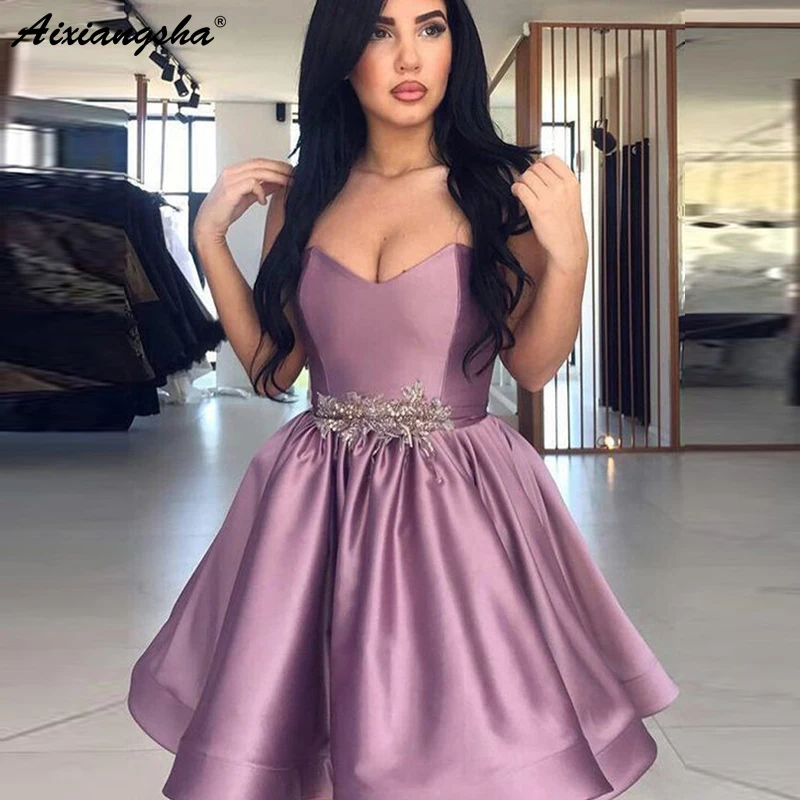

Charming A Line Sweetheart Strapless Purple Short Mini Homecoming Dresses with Beading Pockets Satin Cute Cocktail Party Dresses