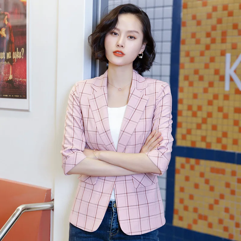 

Women Clothes Plaid Suit Jacket Female Spring Sleeve Small Suit Jacket Short Paragraph Sleeve Professional Wear Female Summer