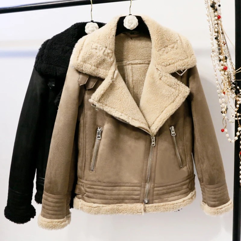 

Female Winter New Thick Flocking Suede Motorcycle Jacket Women Fashion Turn Down Collar Parka Casual Loose Lambswool Coat Z478