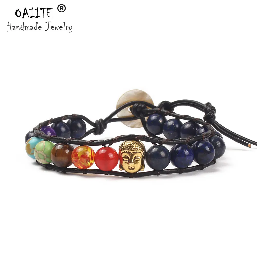 

OAIITE 7 Chakra Natural stone Beads Bracelet Punk Handmade Buddhism Head Single Layer Leather weave Bracelet Men Women Jewelry