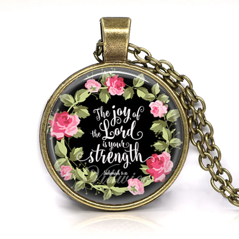 Vintage Bible Verses Necklace Antique Bronze Glass Cabochon Pendant Religious Quote Scripture