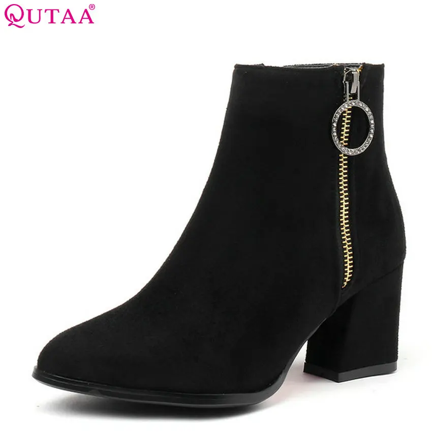 

QUTAA 2019 Women Ankle Boots Platform Zipper Women Shoes Black Pointed Toe Casual Flock Elegant Women Boots Big Size 34-43