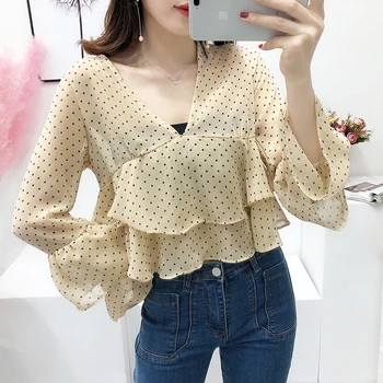 

Layer Upon Layer Ruffles Sleeve Women's Tops New Autumn All-match V Neck Dot Chiffon Blouses Feminine Shirts