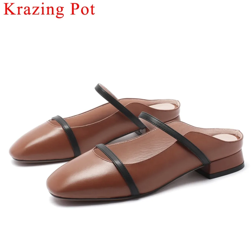 

Krazing Pot British style genuine leather mixed color slip on mules square toe low heels comofortable women pumps retro shoe L32