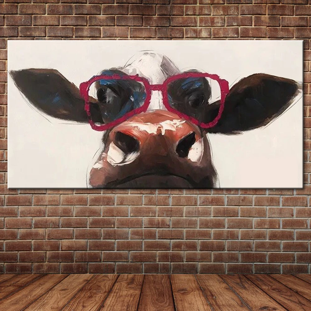 Cow Wear Red Sunglasses Oil Painting Textured Modern Abstract Cartoon
