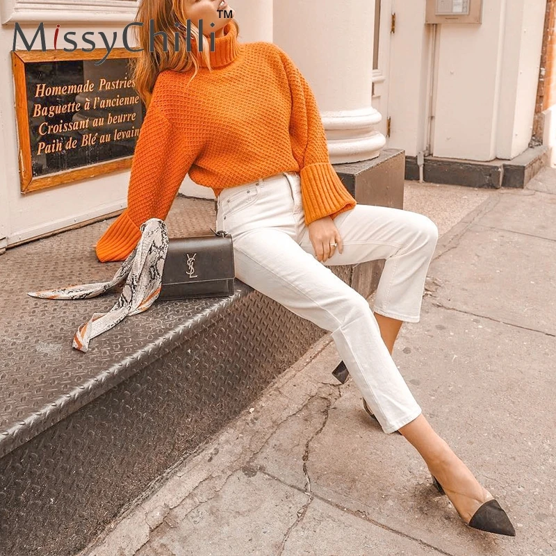 

MissyChilli Orange turtleneck knitted pullover Women autumn winter club sweater vintage Ladies wide long sleeve sweaters jumpers