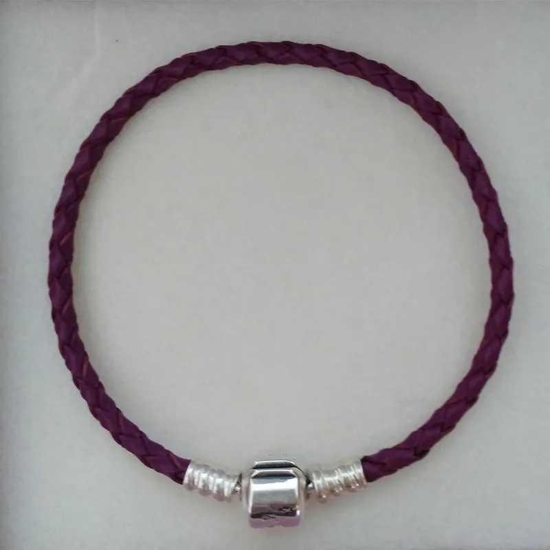 

Fine Jewelry Purple leather bracelets for women jewelry without charm fit bead charms DIY with 925 sterling silver clasp PL007