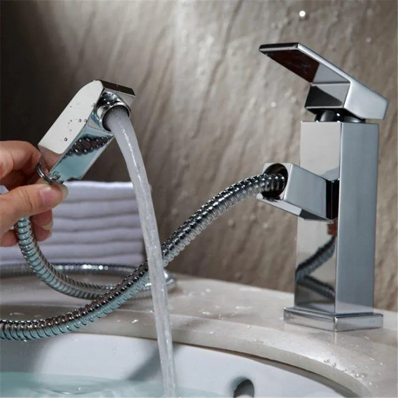 

Newly Full Copper Pull Tract Basin Faucet Bathroom Vertical Faucets Single Hole Vessel Sink Hot & Cold Water Tap Chrome Finish