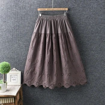 

Hollow out cotton skirts for women elastic waist A-line white black brown green knee-length casual skirts female empire mmx0801