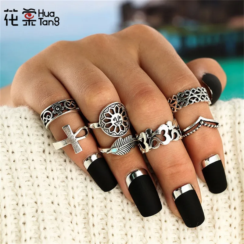 

HuaTang Antique Silver Sun Feather Flower Ring Punk Sets Rings Steampunk Carved Knuckle Anillos Anel Rings For Women 4621