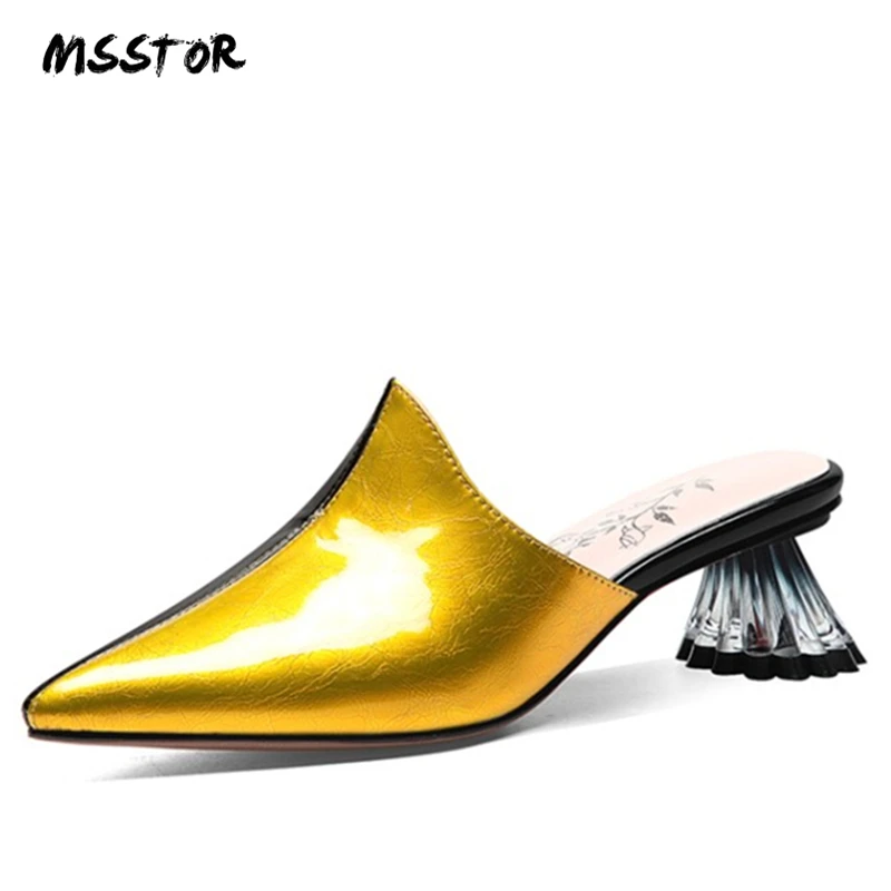 

MSSTOR Strange Style Ladies Slippers With Heels Sewing Mixed Colors Pointed Toe Slipper Summer Women Cow Leather Ladies Slippers