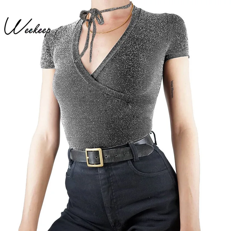 

Weekeep V-neck Halter Short Sleeve Bodysuit Women High Street Bodycon Bodysuits 2019 Summer Shinny Rompers Womens Jumpsuit