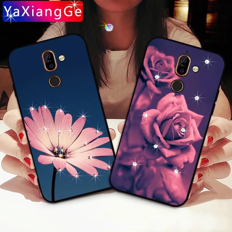 

Flower Rose Diamond Cases For Nokia 8 Sirocco X5 X6 X7 X71 9 6 2018 Soft TPU Rhinestone back Cover For Nokia 7 5.1 6.1 8.1 Plus