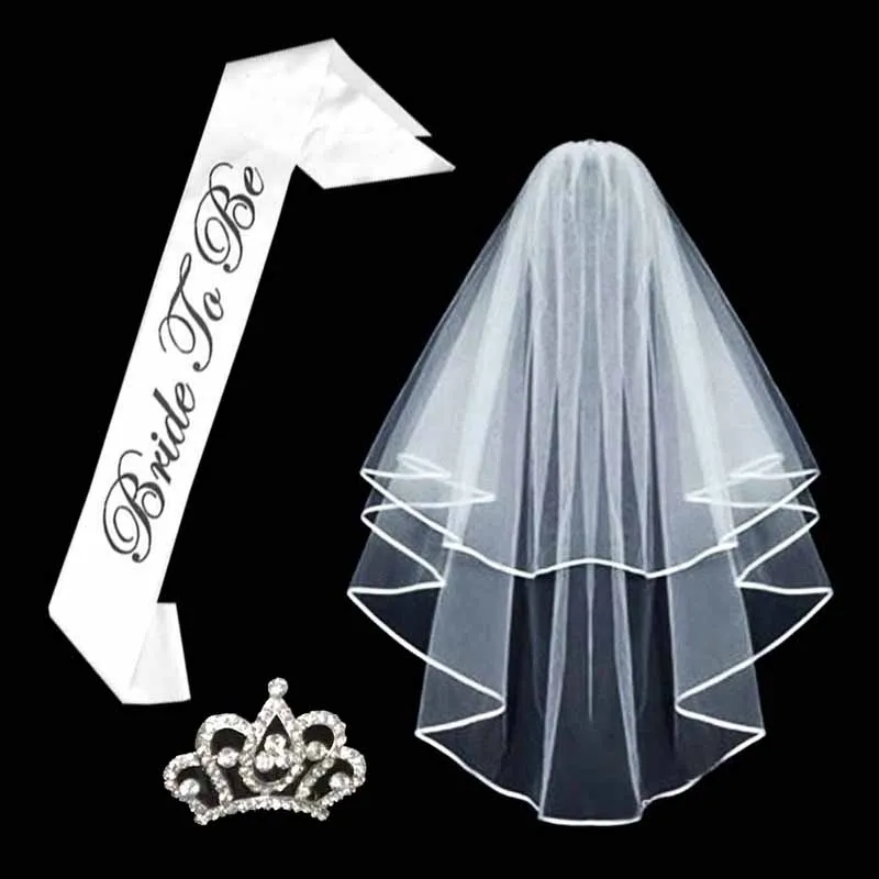 

1set Bachelorette Party White Bride to Be Sash Short Wedding Veil Tiara Crown Bridal Shower Hen night Party Decoration Accessory
