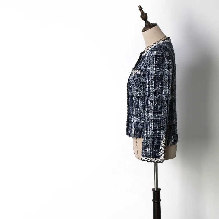 Tweed Chaqueta Mujer Plaid Tissé Manteau Blue Mince De Femmes Bleu 2018 D'hiver Section Veste Court FwqF7Zd