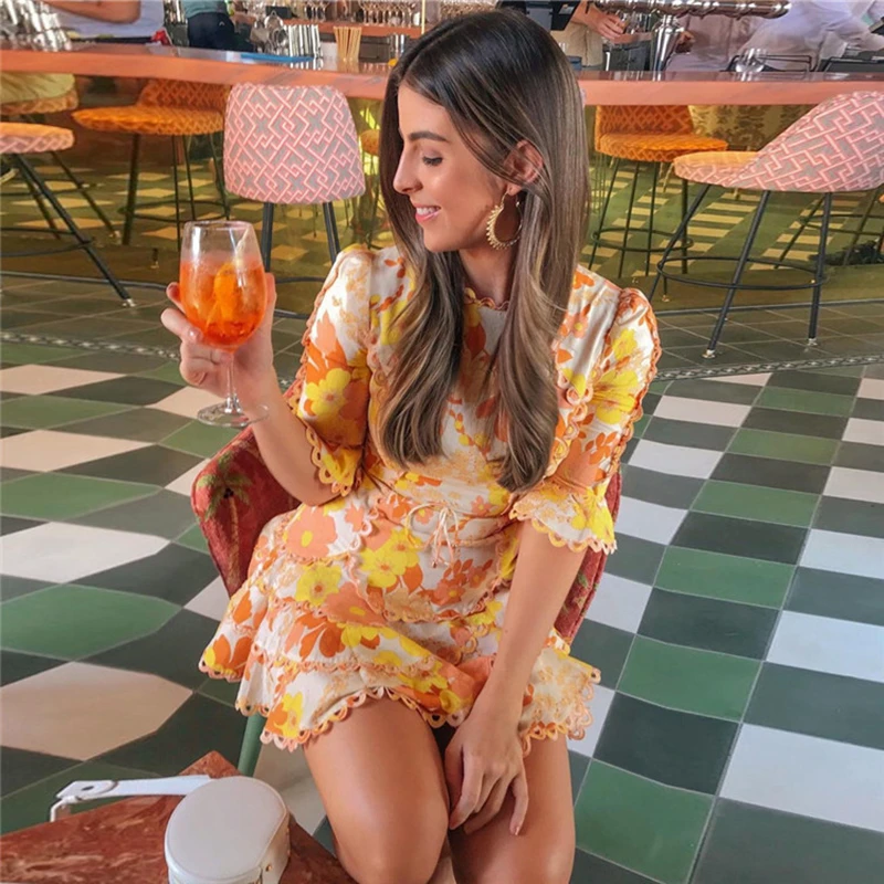 

2019 Spring ZIM Designer Dress Women Floral Print Lace Patchwork Ruffles Mini Dresses Female Holiday Vacation Dress Vestido