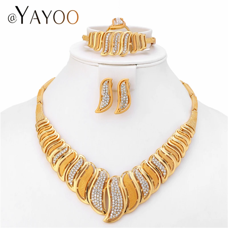 

AYAYOO Nigerian Beads Jewelry Set Earrings For Women Party Fashion Necklace Set Gold Color Imitation Crystal Luxury Jewellery