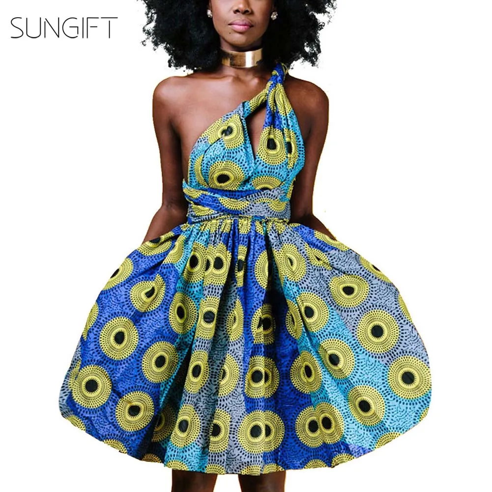 Mix Color-M06 SUNGIFT платье в африканском стиле для женщин африканская Дашики печати короткое платье полиэфирный смешанный цвет сексуальный бандо декольте летние платья - Цвет: Mix Color-M06