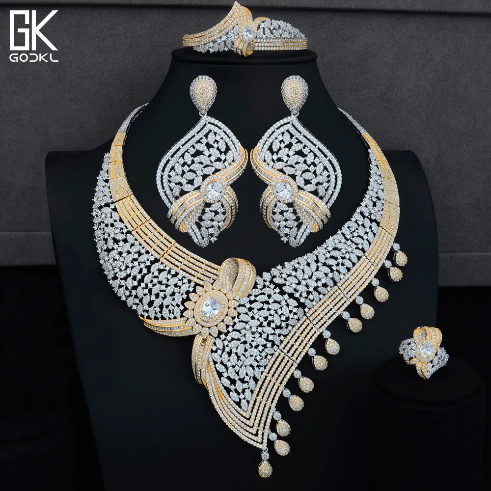 GODKI Trendy Luxury Geometric 4PC African Jewelry Sets For Women Wedding Cubic Zircon Crystal CZ Indian Dubai Bridal Jewelry Set