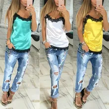 Сексуальный женский летний пляжный топ без рукавов с v-образным вырезом, Одноцветный кружевной лоскутный жилет, Женский Топ