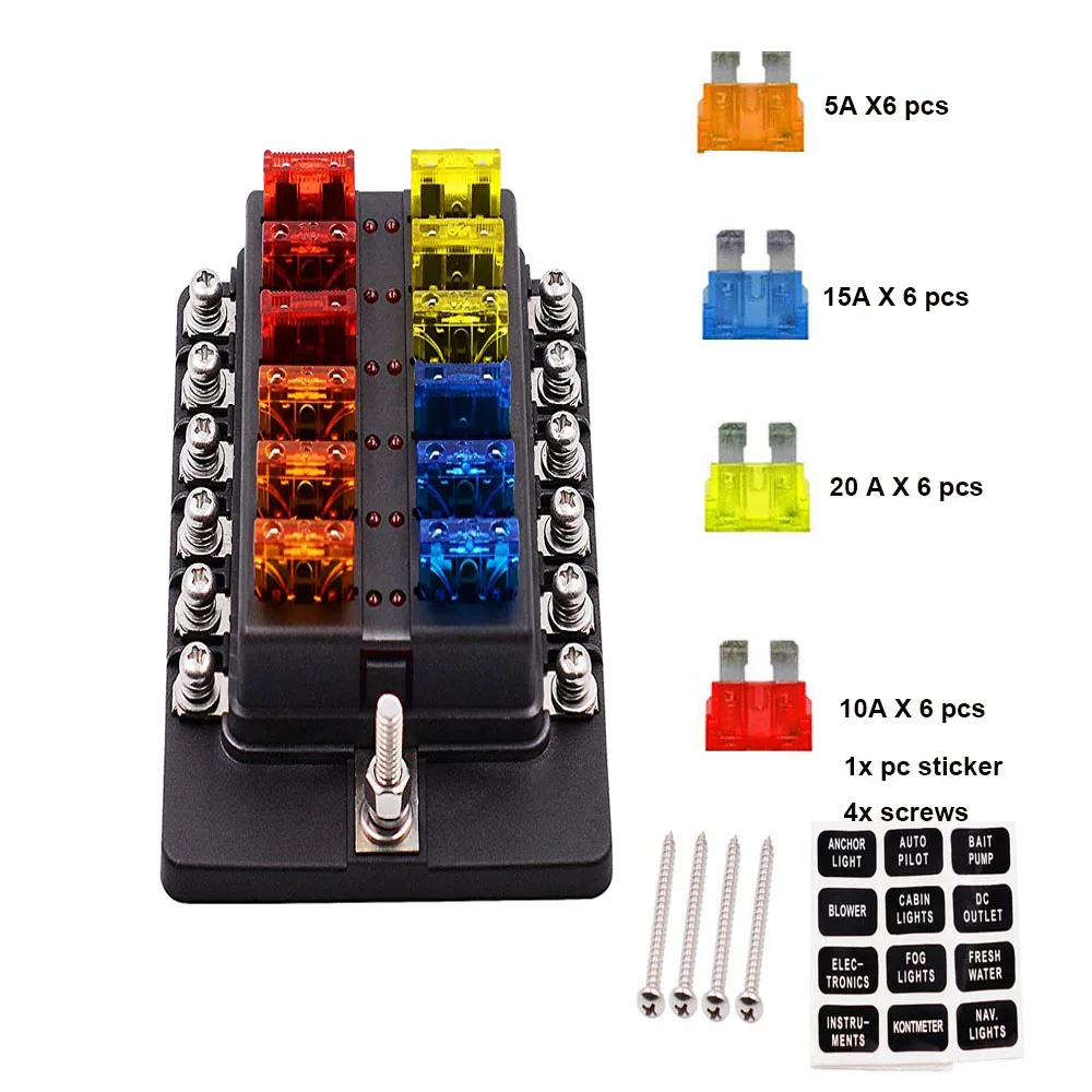 Universal Auto Fuse Box Holder 12 Way Circuit Blade Fuse Box 32V Terminal Block Holder Circuit Fuse Holder with LED Indicator Universal Auto Fuse Box Holder 12 Way Circuit Blade Fuse Box 32V Terminal Block Holder Circuit Fuse Holder with LED Indicator