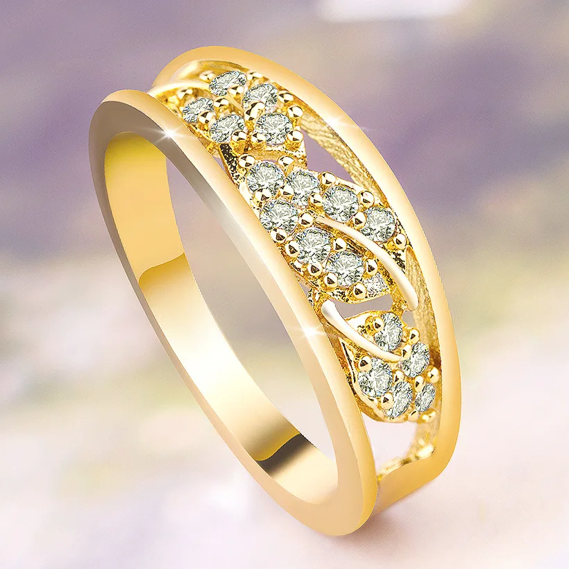 

High Quality Jewelry Openwork Flower Austrian Rhinestones Women Girl Wedding Party Gift Clear Cubic Zirconia Gold-Color Rings